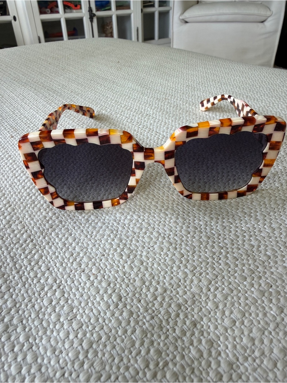 KREWE Checkerboard Tortoise Square Sunglasses - Brown/Cream women’s Elizabeth